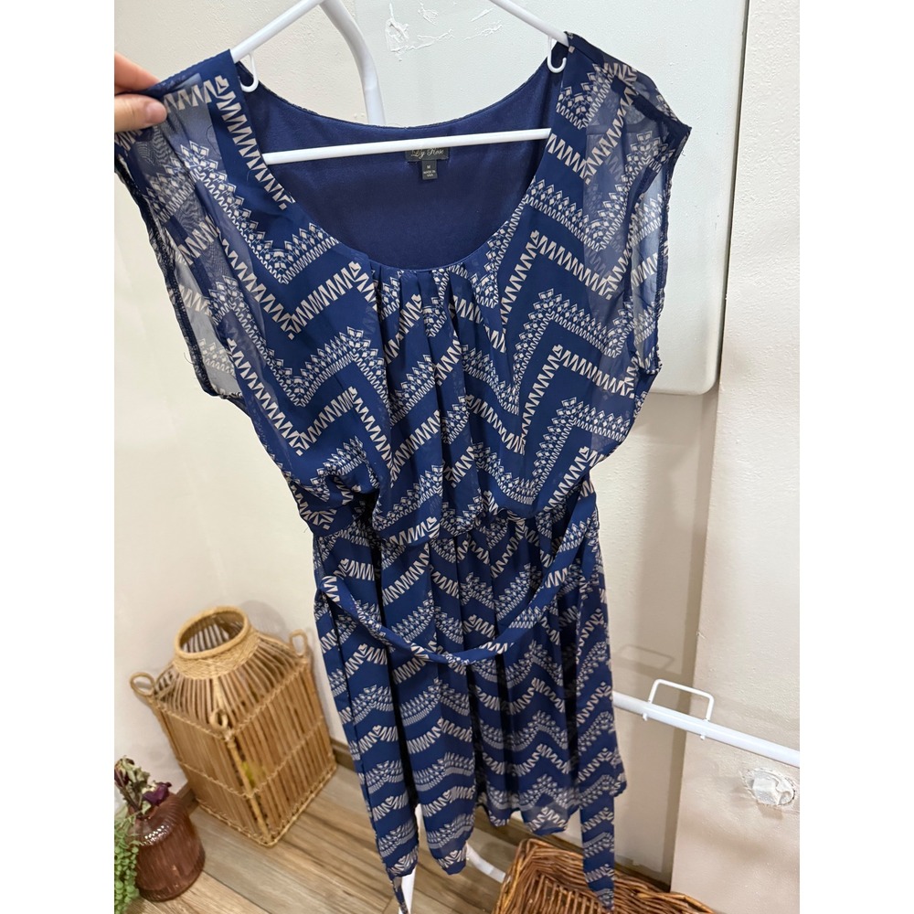 Lily Rose Navy Blue White Geometric Chevron Chiffon Mini Dress Y2K Womens Medium